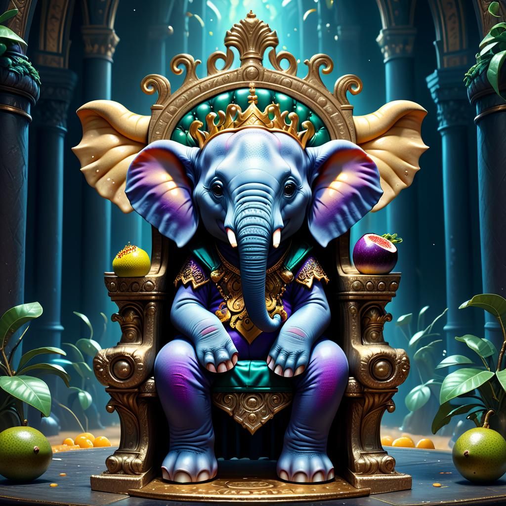 Passion Fruit Elephant Baby on Throne: Detailed Art