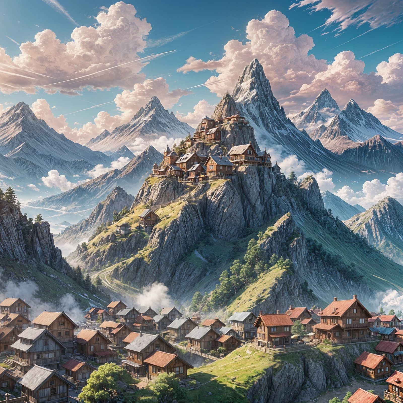 Mountain Range with Houses in 3D Anime Art