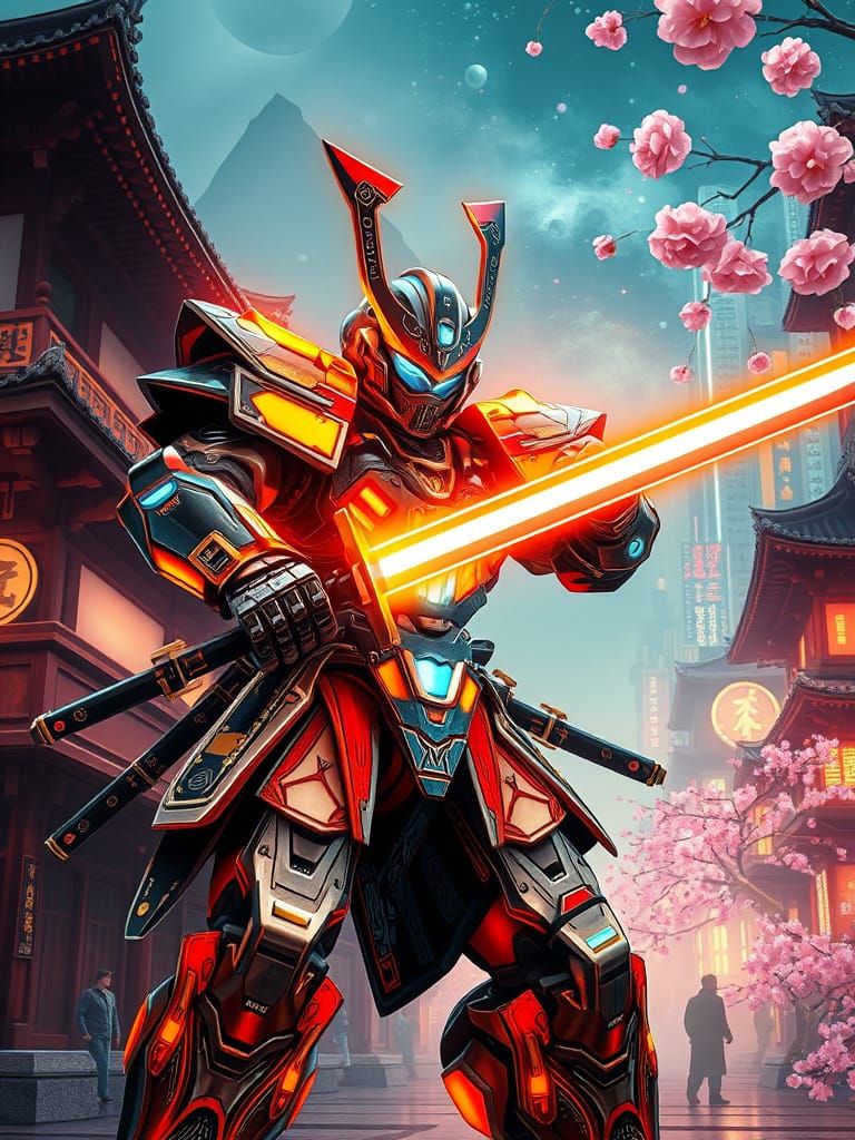 Cyberpunk Samurai in Neon Mecha Armor, Laser Katana, and Fut...