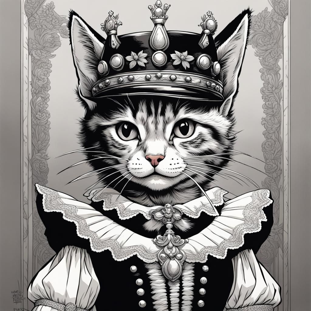 Victorian Kitten: Tenniel-Style Black and White Drawing