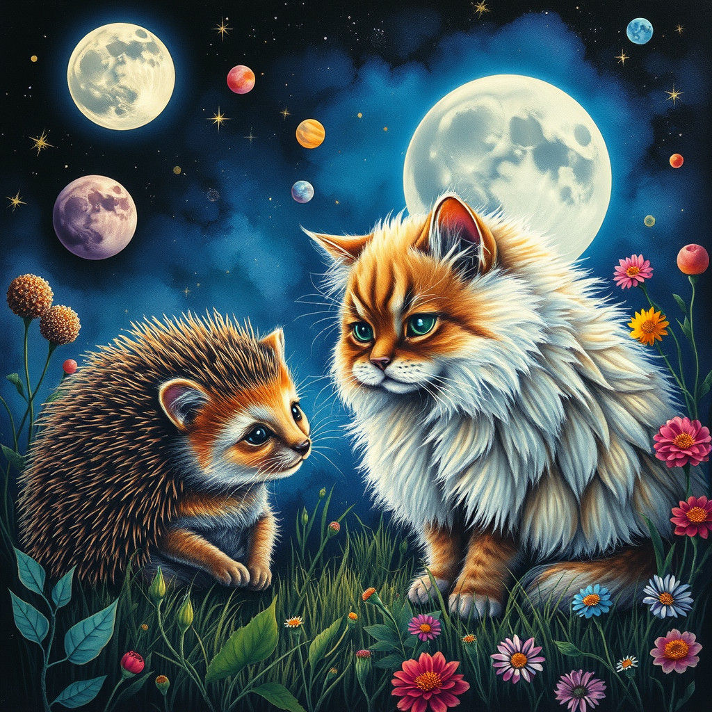 Fluffy Cat and Hedgehog Garden Under Moonlight