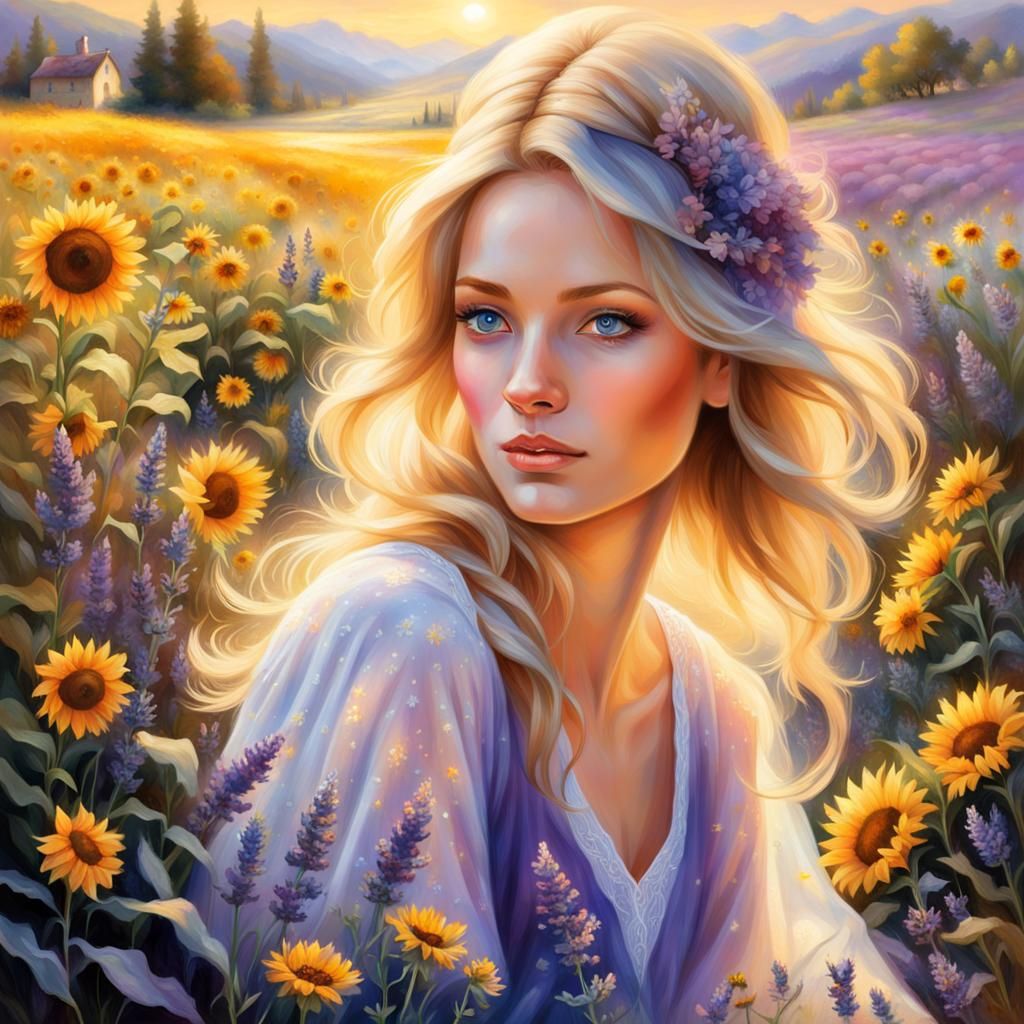 Girl in Flower Field with Sunset Glow