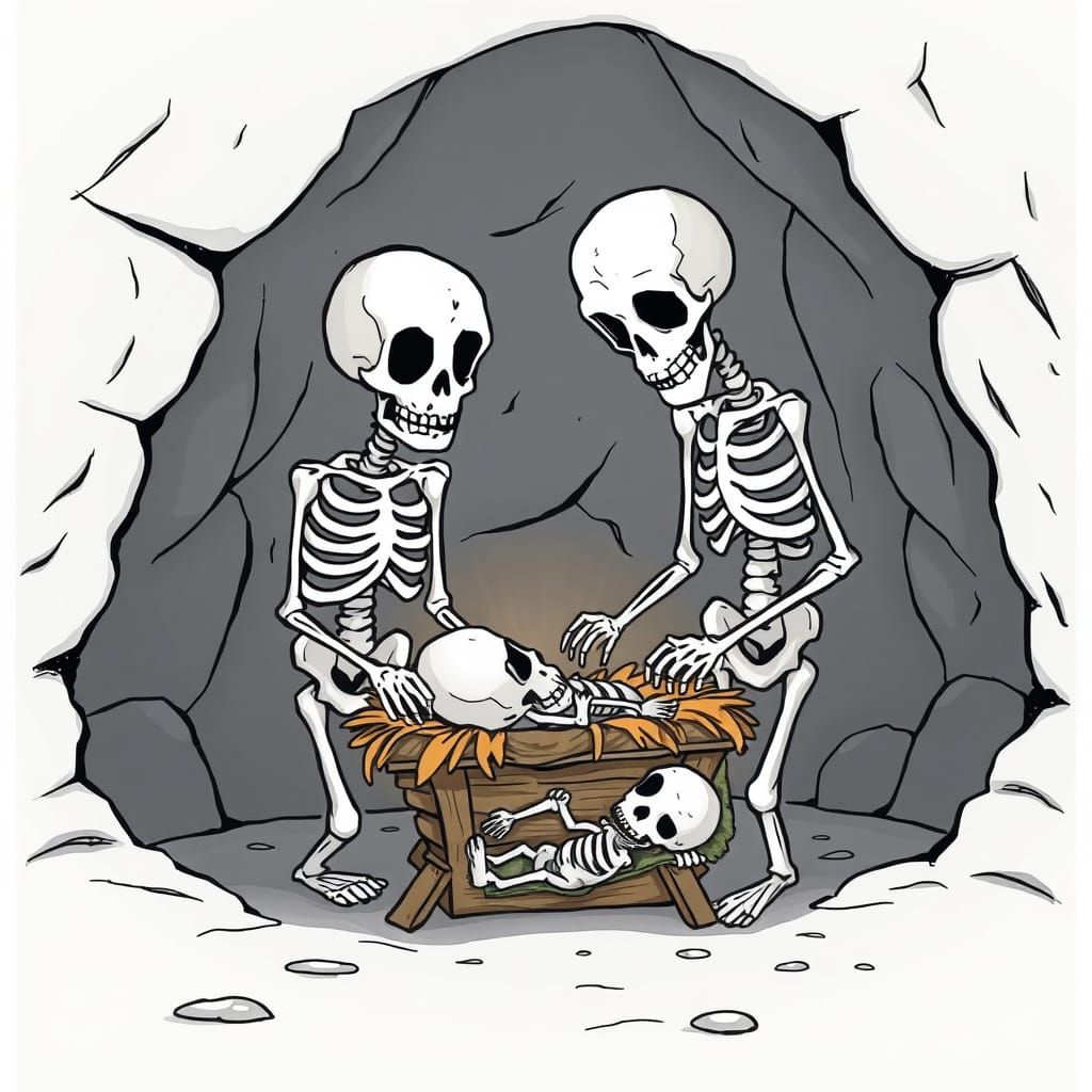 Skeletons Guarding Baby in Crypt Cartoon