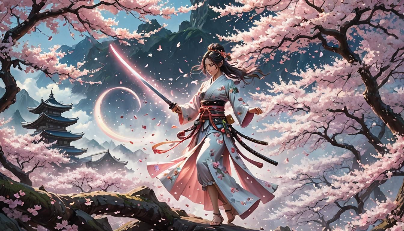 Cherry Blossom Samurai Woman in Anime 3D Art