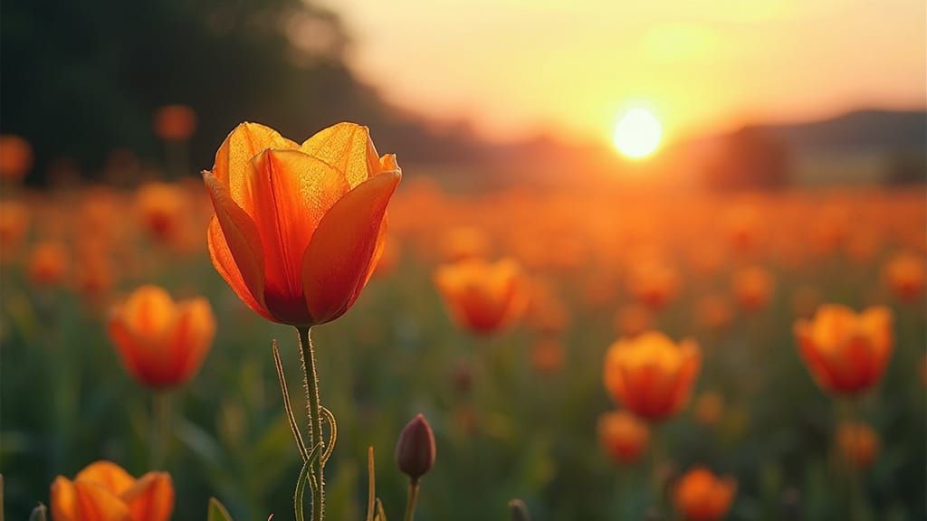 heavenly field of glowing glass  flowers at sunrise