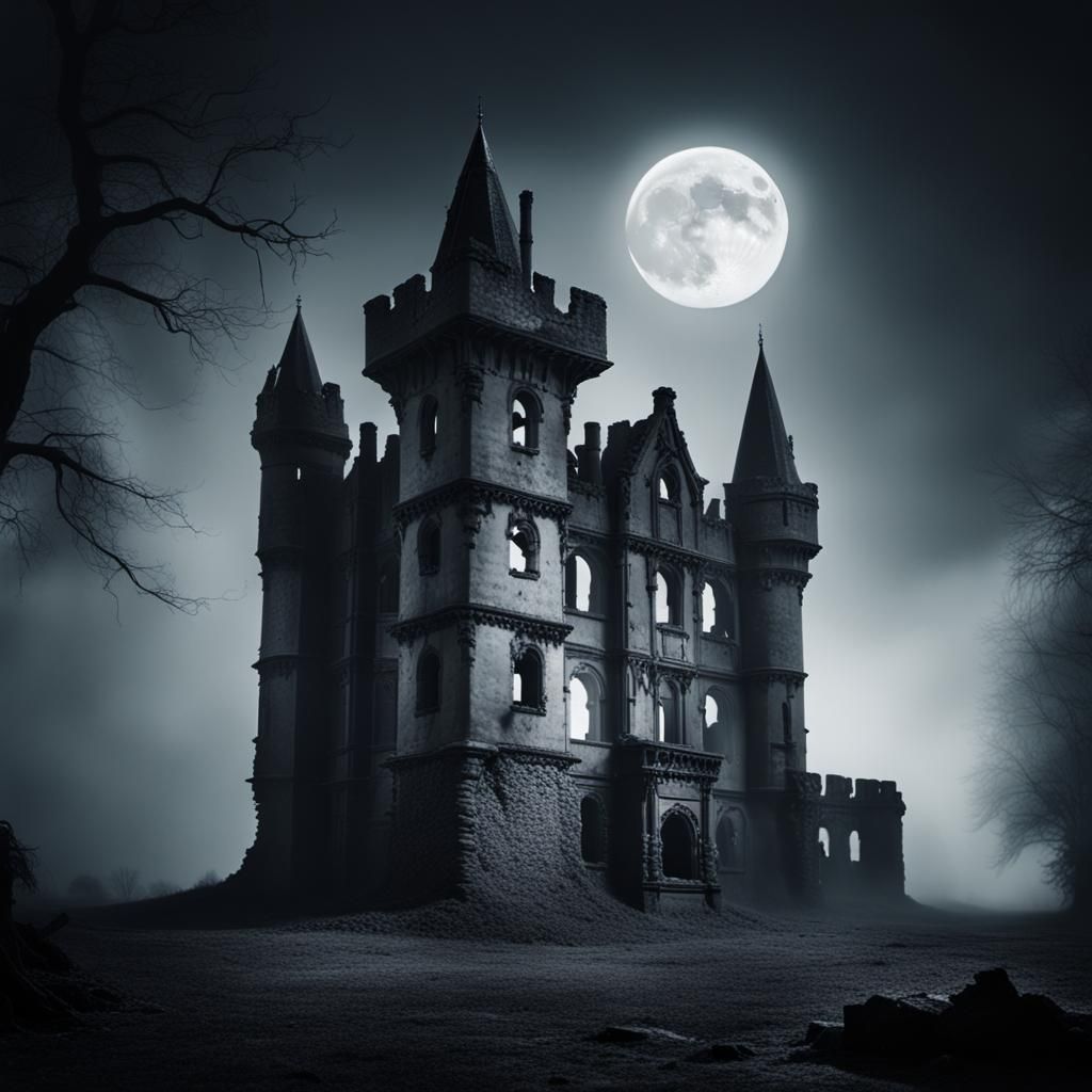 Eerie Victorian Castle Ruins in Moonlight