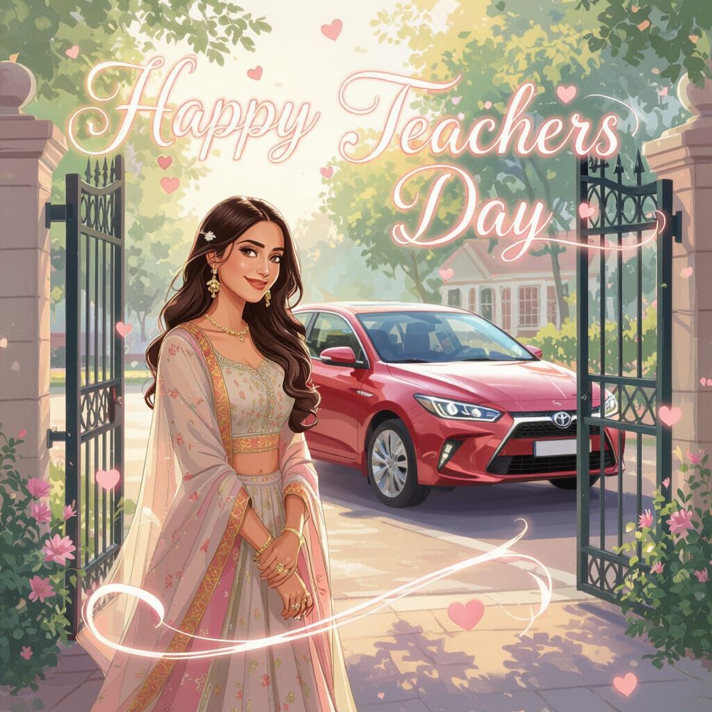 South Asian Woman Awaits Car in Art Nouveau Style