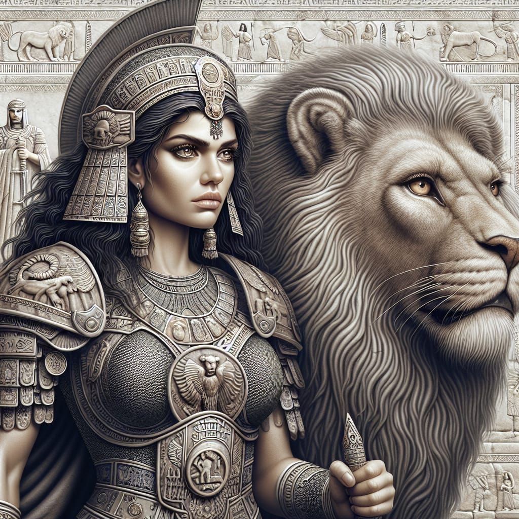 Ishtar, Mesopotamian Goddess, in Armor with Lion