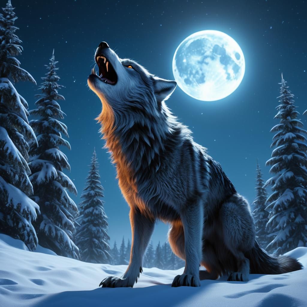 Werewolf Howling at Moon in Winter Landscape