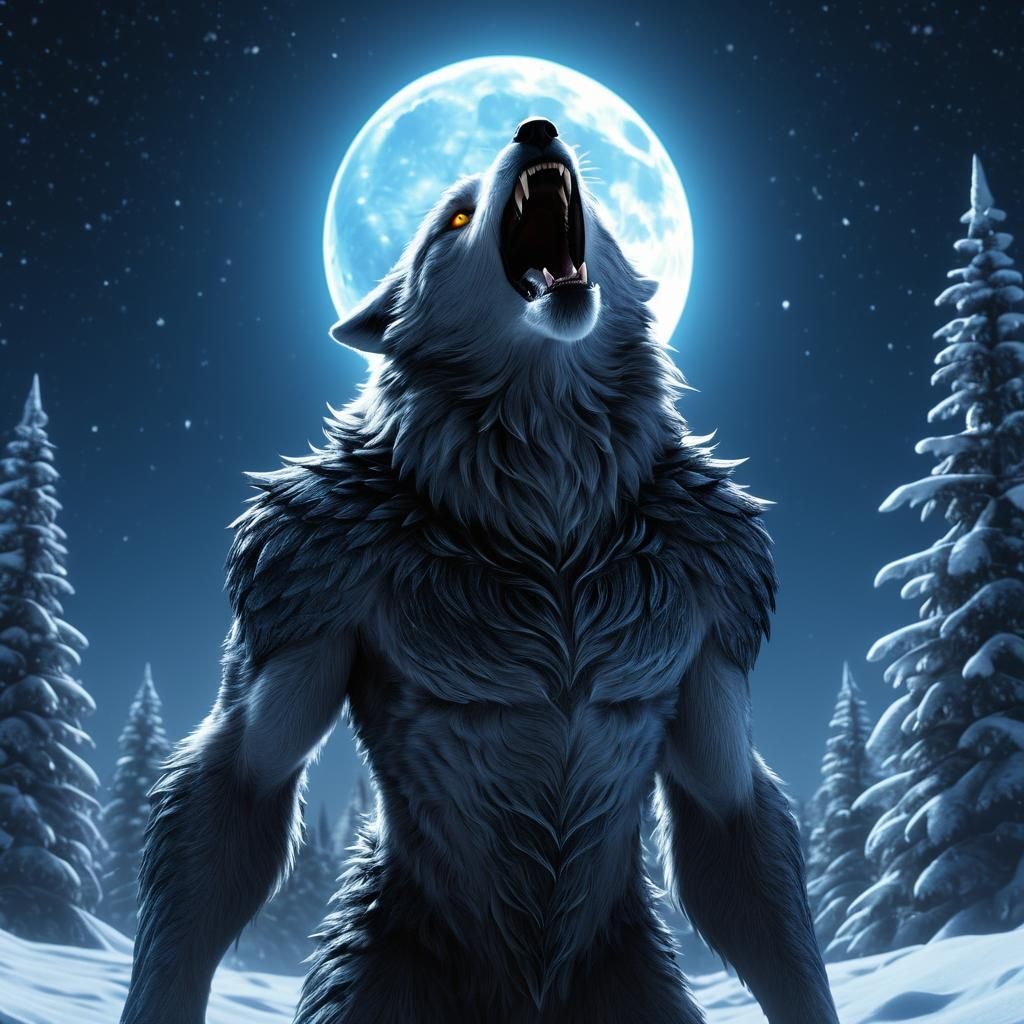 Werewolf Howling at Moon in Winter Landscape