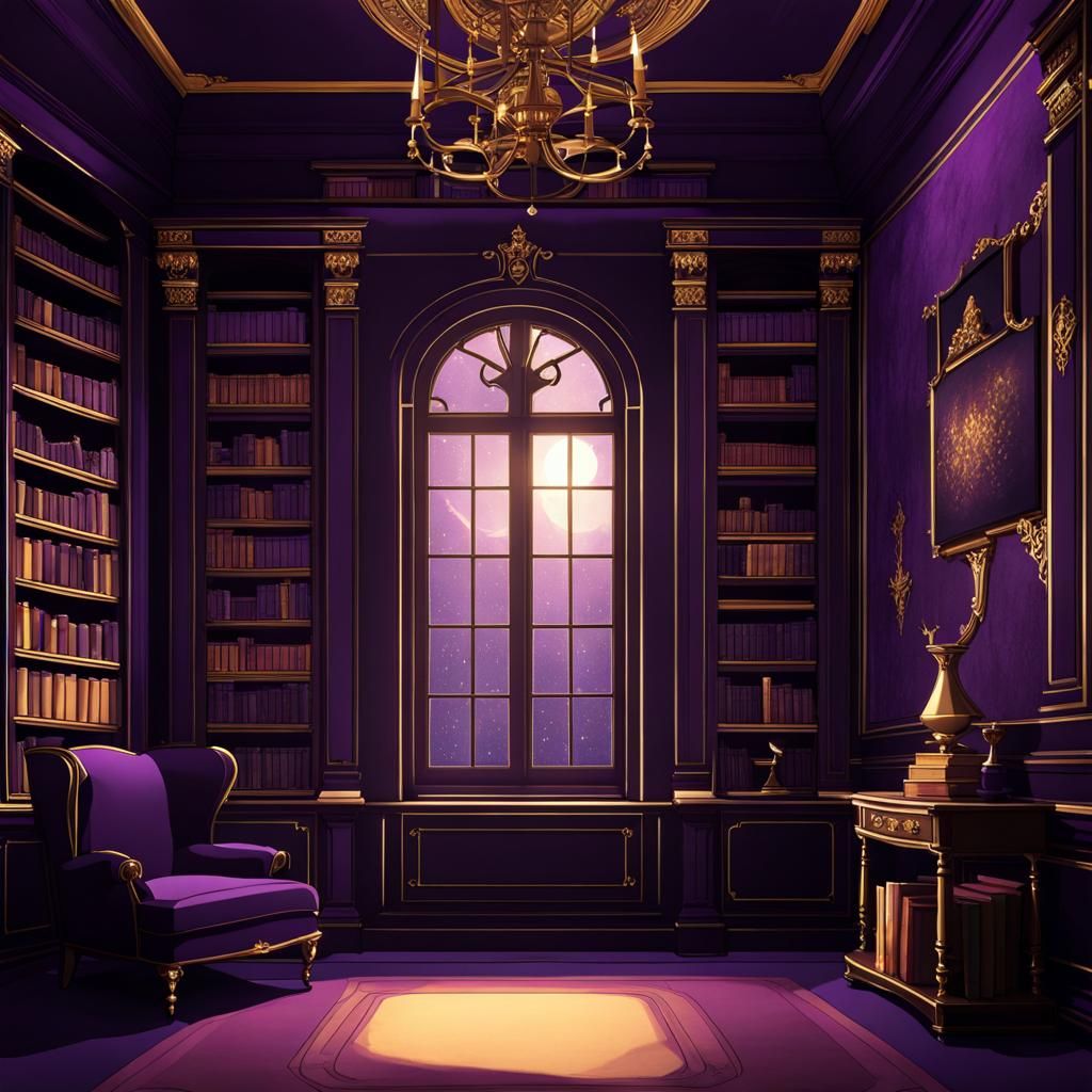 Anime Library in Dark Academia Style at Night