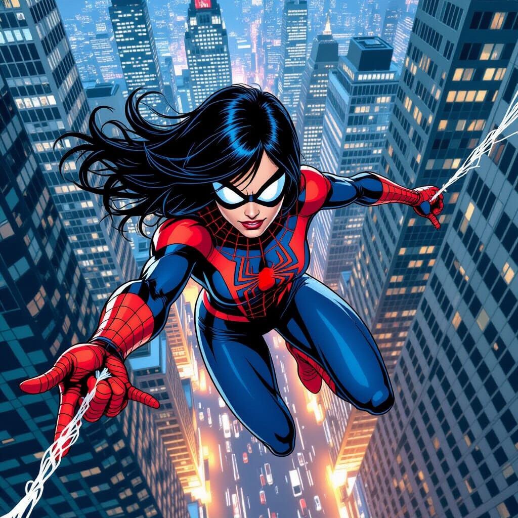 Spidergirl Leaping Between New York Skyscrapers at Night
