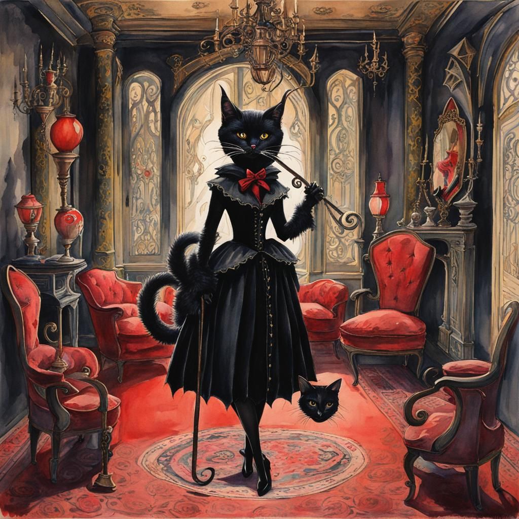 Whimsical Devil Cat in Gothic Horror Style