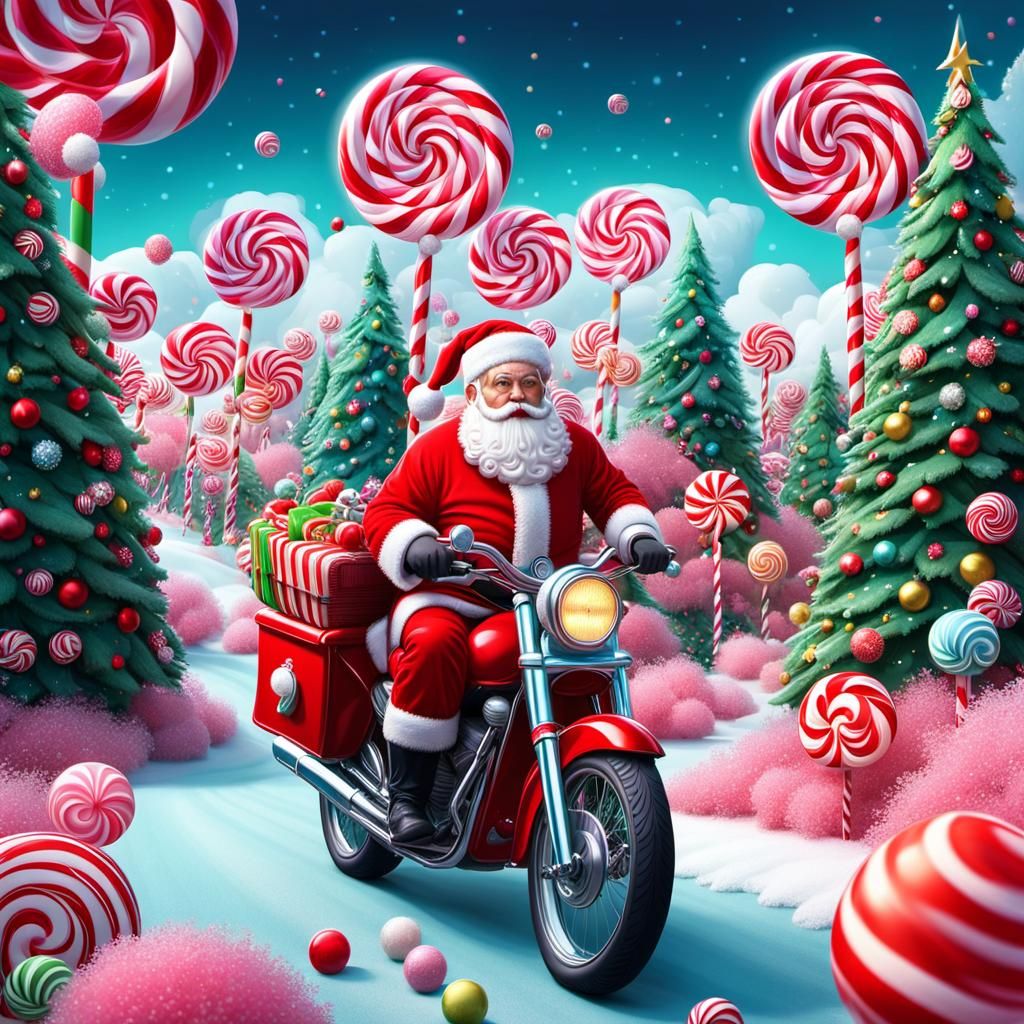 Santa Rides a Motorbike through a Vivid Christmas Wonderland