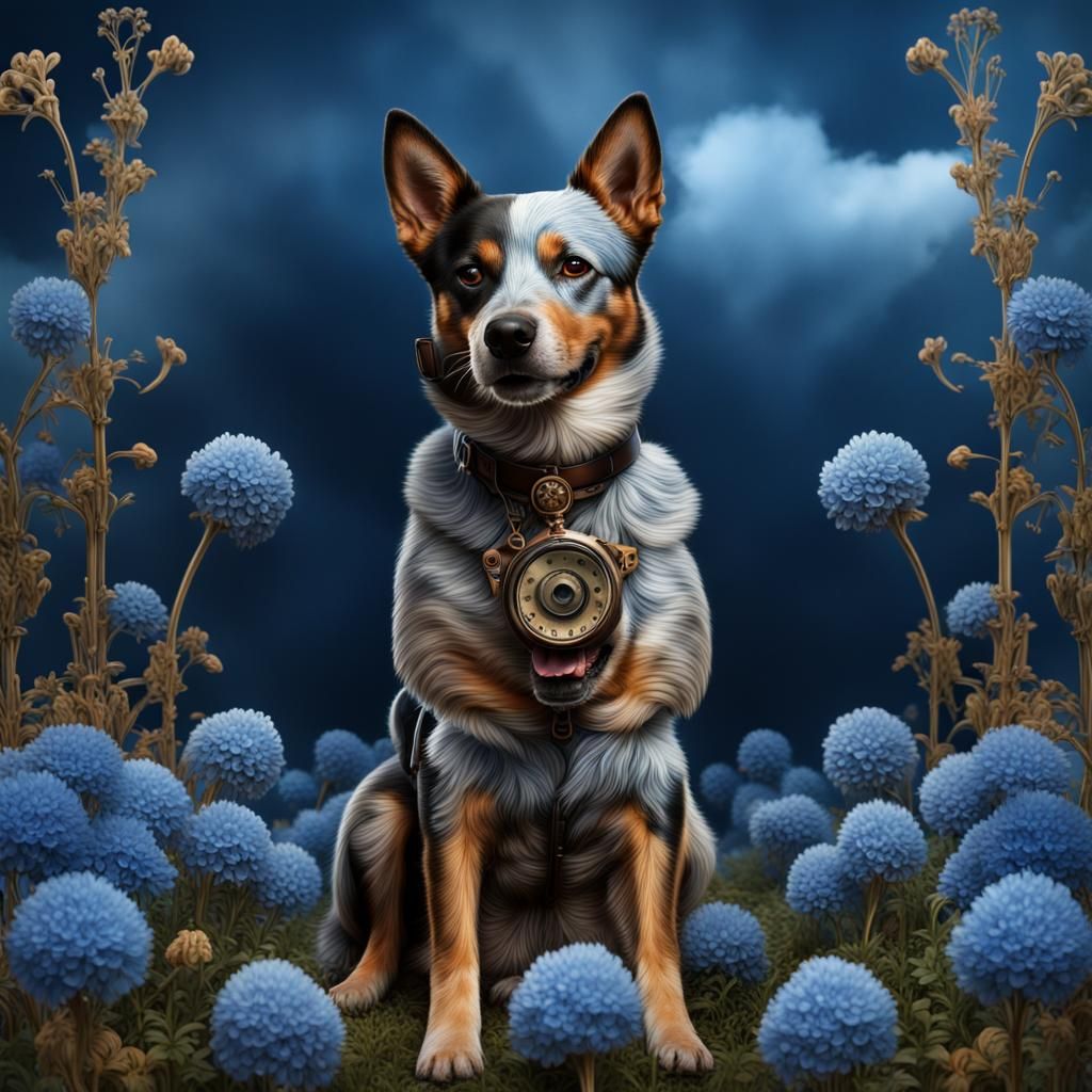 Steampunk Australian Cattle Dog in Blue Flowers