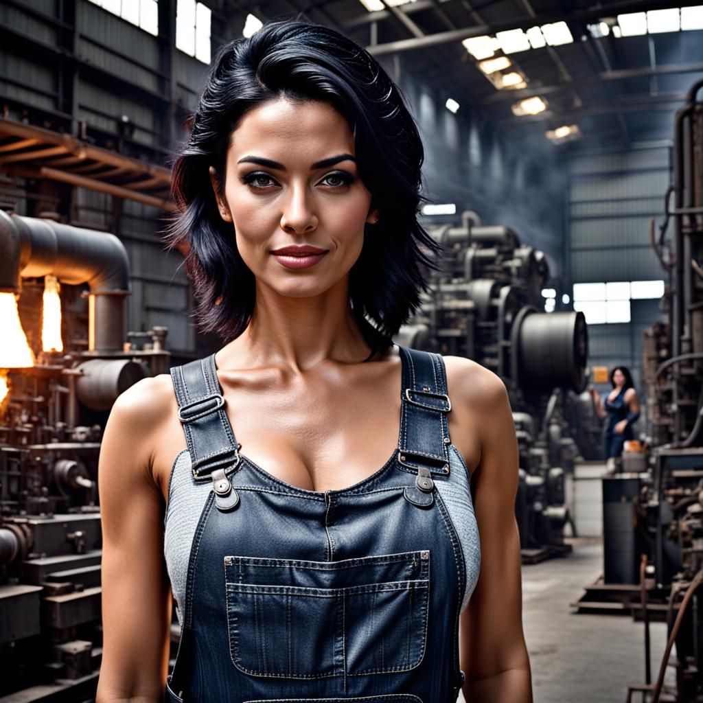 Beautiful Woman in Factory, Hyperrealistic Digital Painting