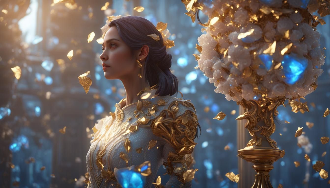 Girl Gazes at Opal Rose Sculpture in 3D Render