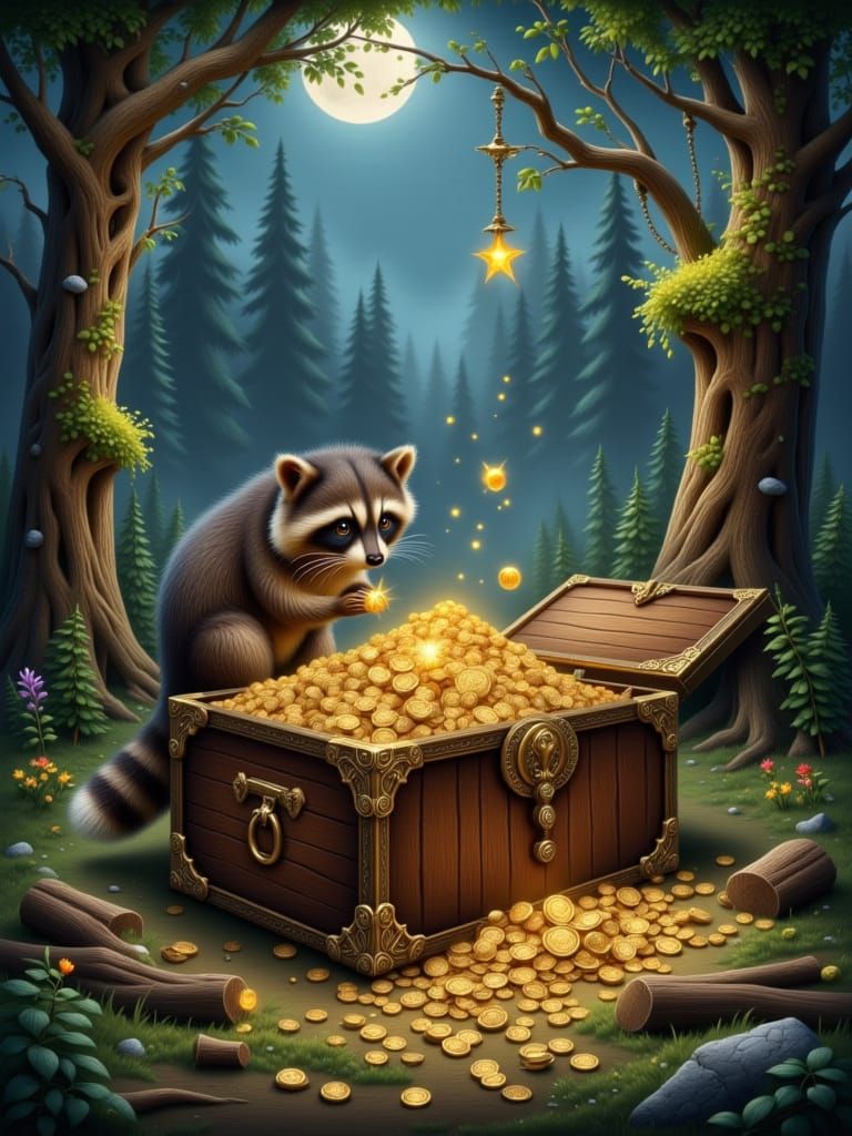 Raccoon Discovering Treasure in Magical Forest