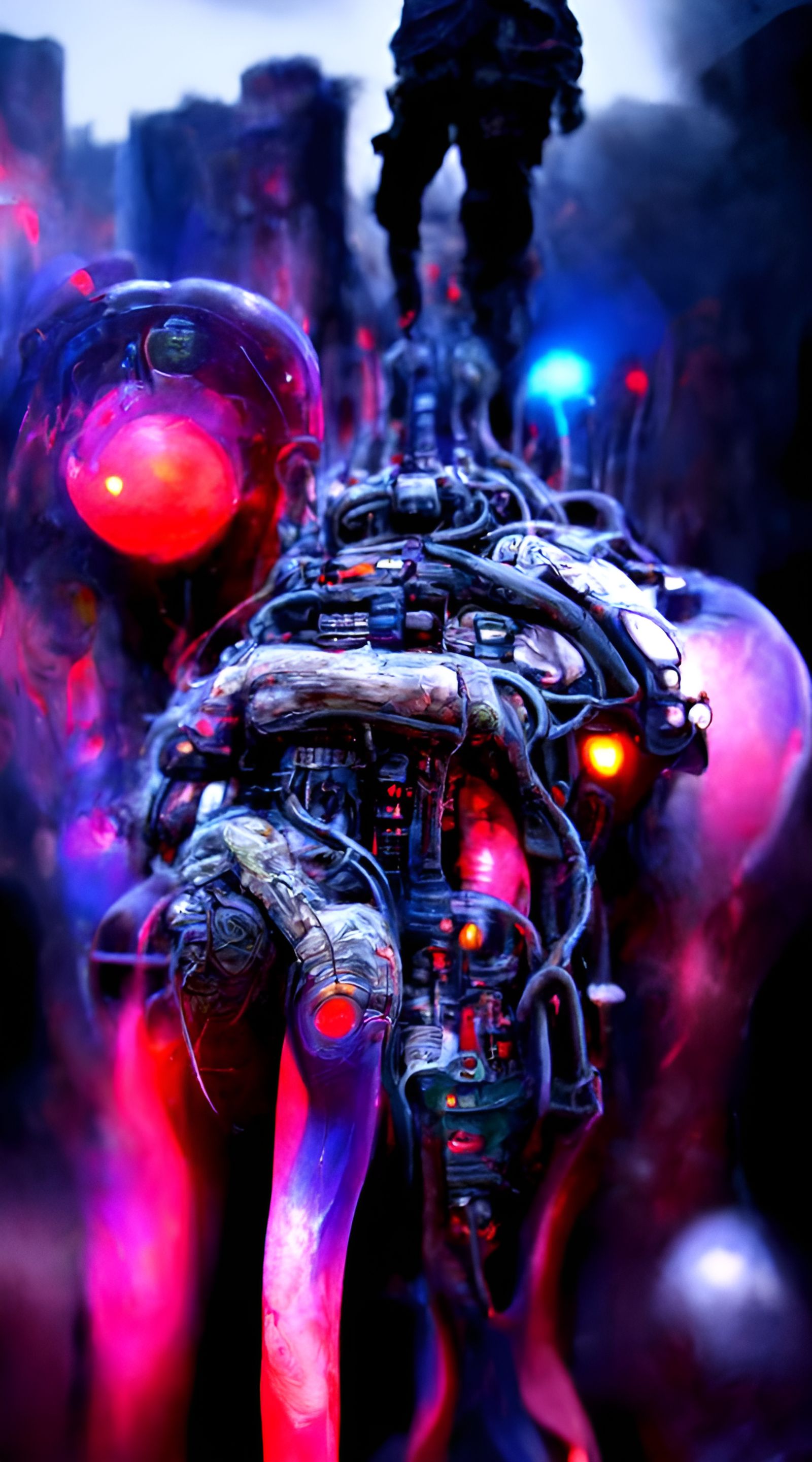 Biomechanical Cyborg Bounty Hunter in Dystopian Setting