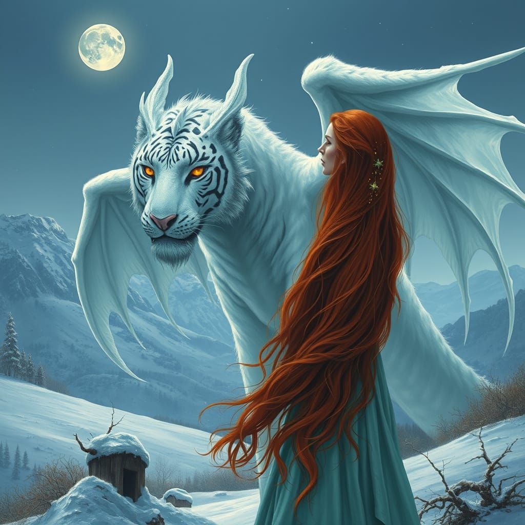 Celtic Priestess and Dragon in Snowy Landscape