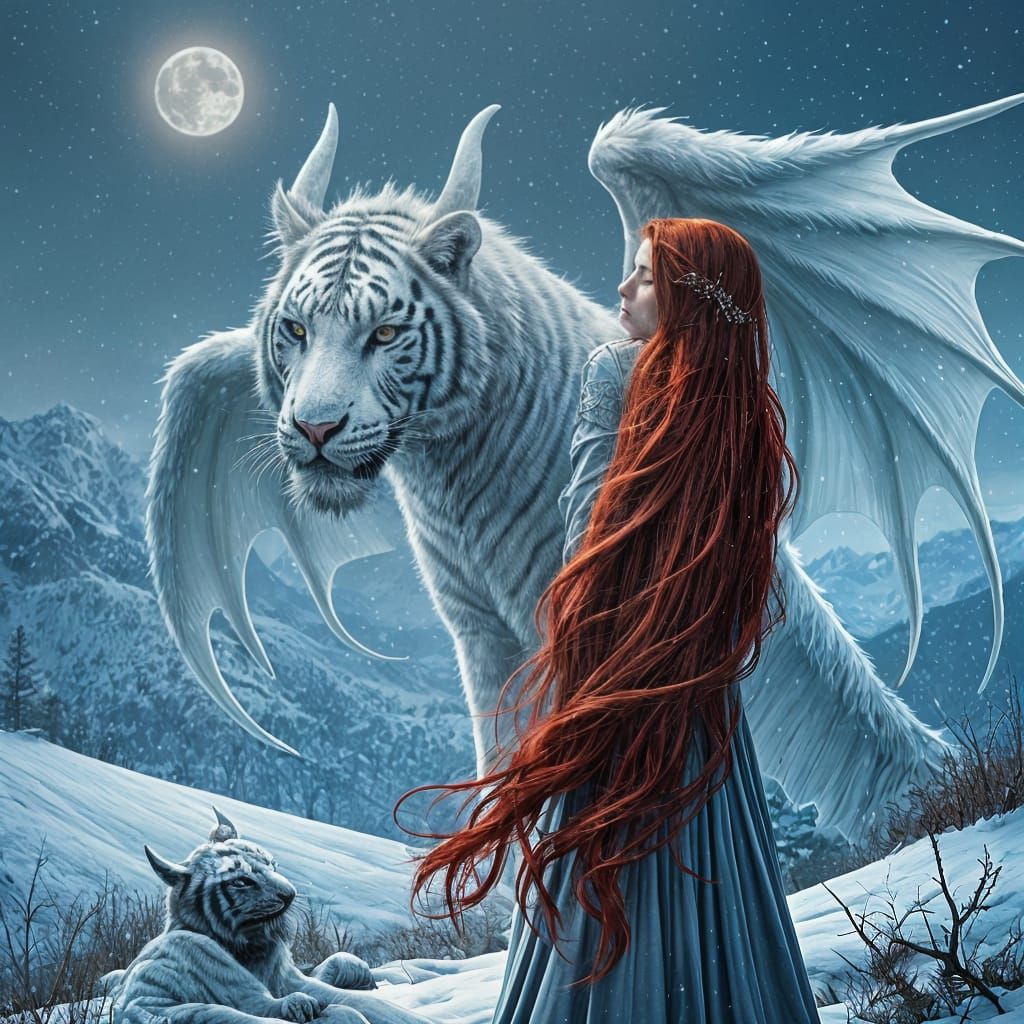 Celtic Priestess and Ghostly Dragon Under Moonlight