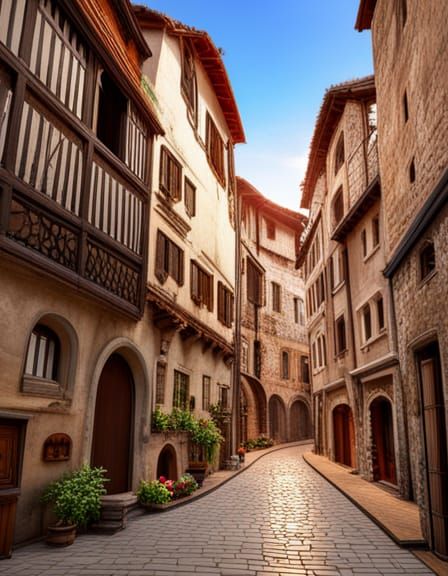 Medieval City Street with Arched Windows in 8k