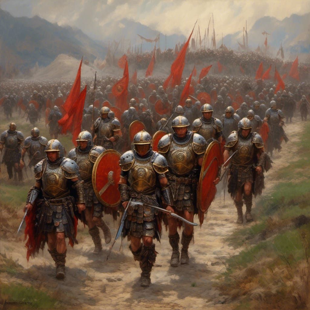 Roman Legionaries Marching: Hyperreal Oil Painting