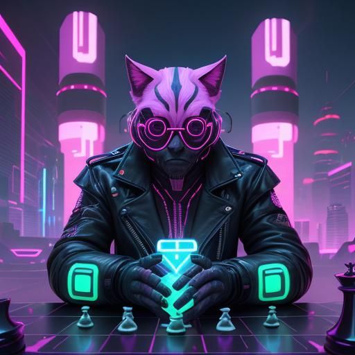 Cyberpunk Cat on Mushroom in Neon Digital Art