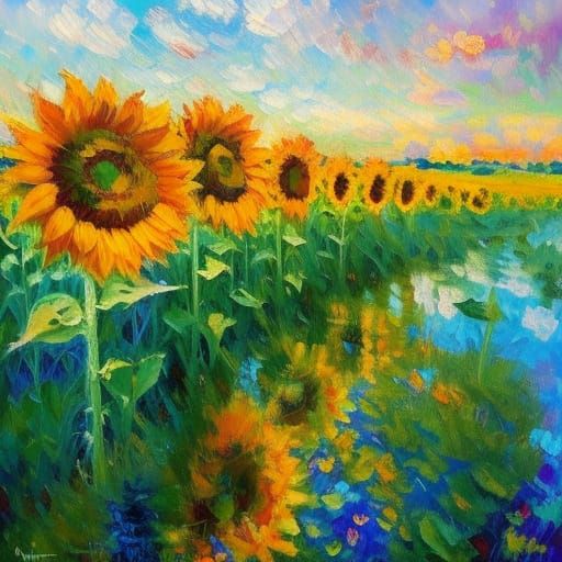 Impressionist Oil Painting of Sunflowers in a Serene Field