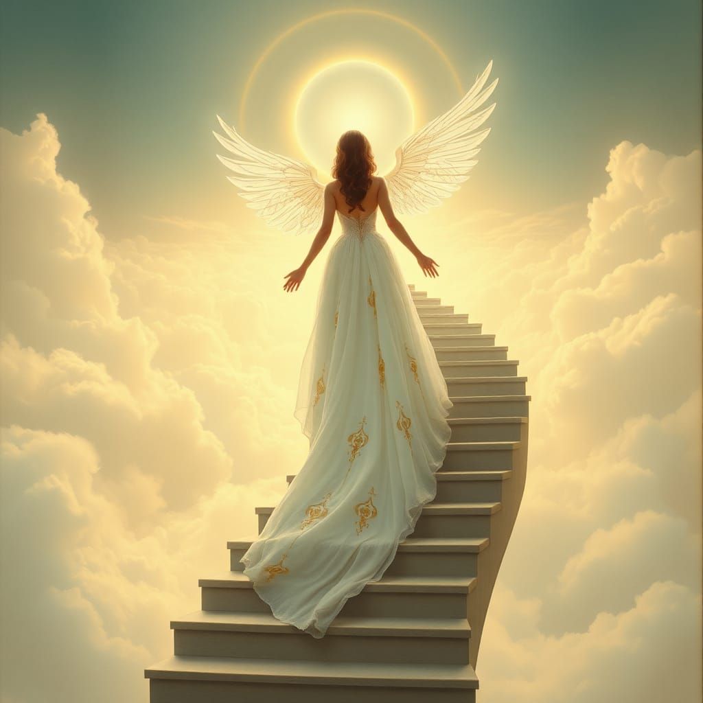 Ethereal Woman Ascending to Heaven in Surreal Painting