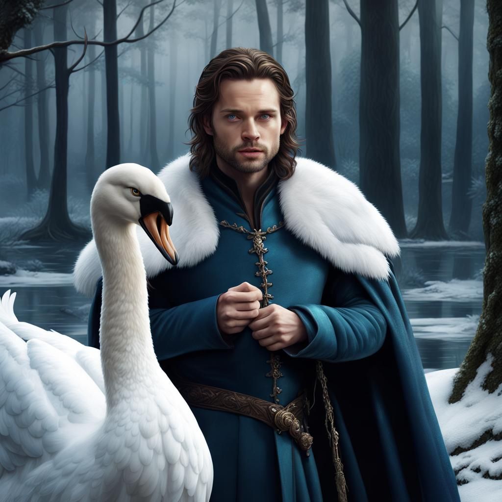 Medieval Man with Swan in Snowy Forest