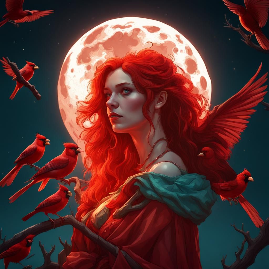 Red-Clad Woman with Cardinal in Moonlight