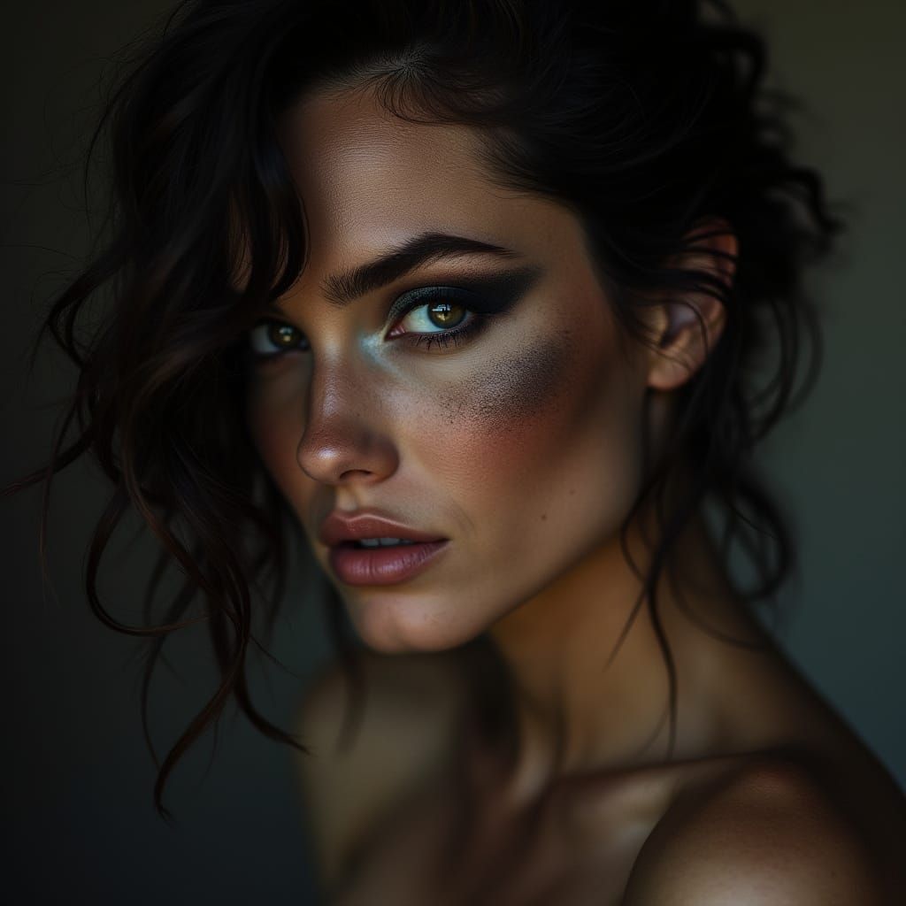 Ruggedly Glamorous Woman in Dramatic Cinematic Portrait