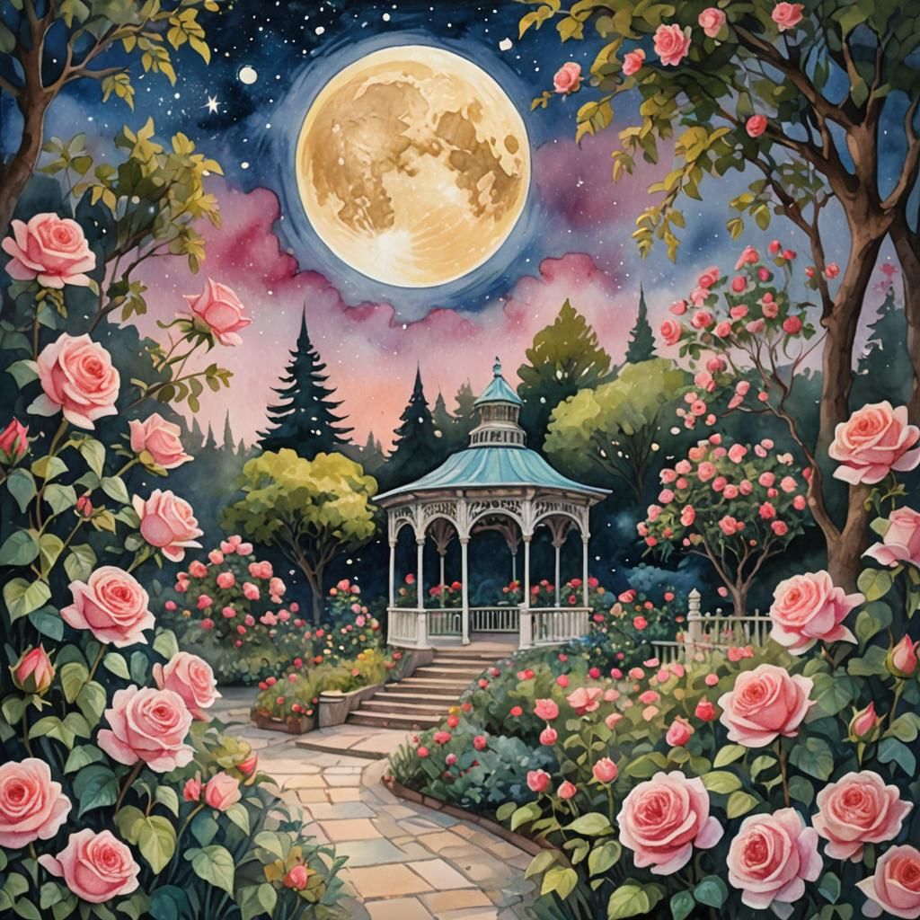 Rose Garden Gazebo Under Art Nouveau Moon, Gouache Style