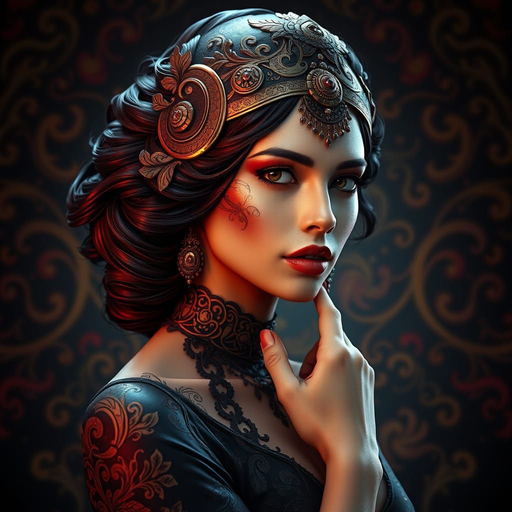 Elegant Art Nouveau Portrait in Vibrant, Hyper-Realistic Sty...