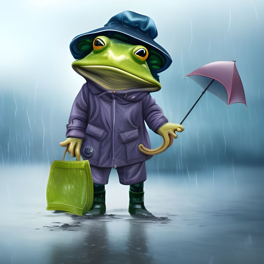 Cute Frog in Raincoat with Umbrella: Fantasy Art