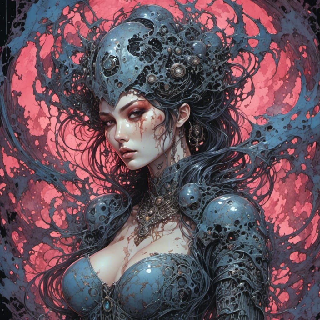 Dark Geometric Elegance: Decaying Woman in Smokey Darkness