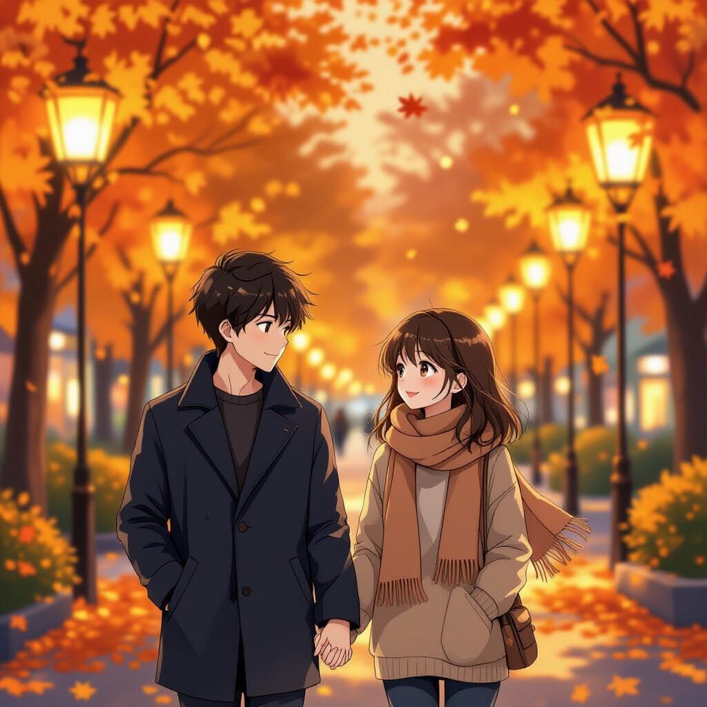 Anime Couple in Autumn Park with Lanterns