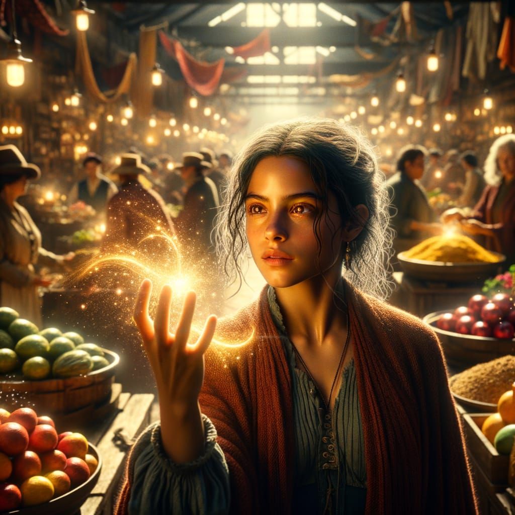 Sorceress in a Lively Marketplace, in Realism Style