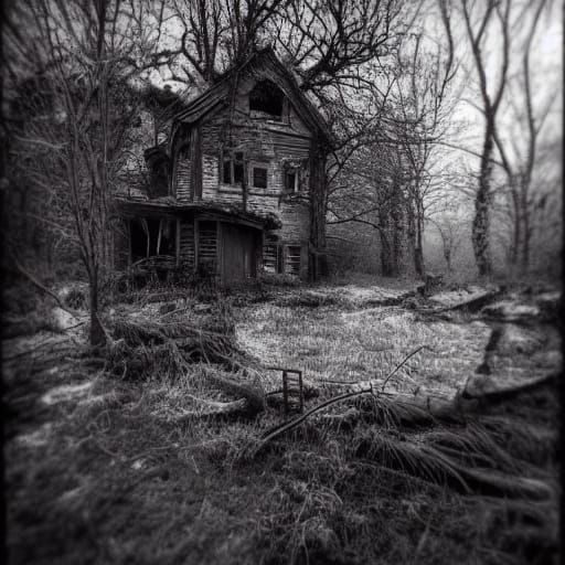 Goth Model in Decaying House: Grainy B&W Film Style