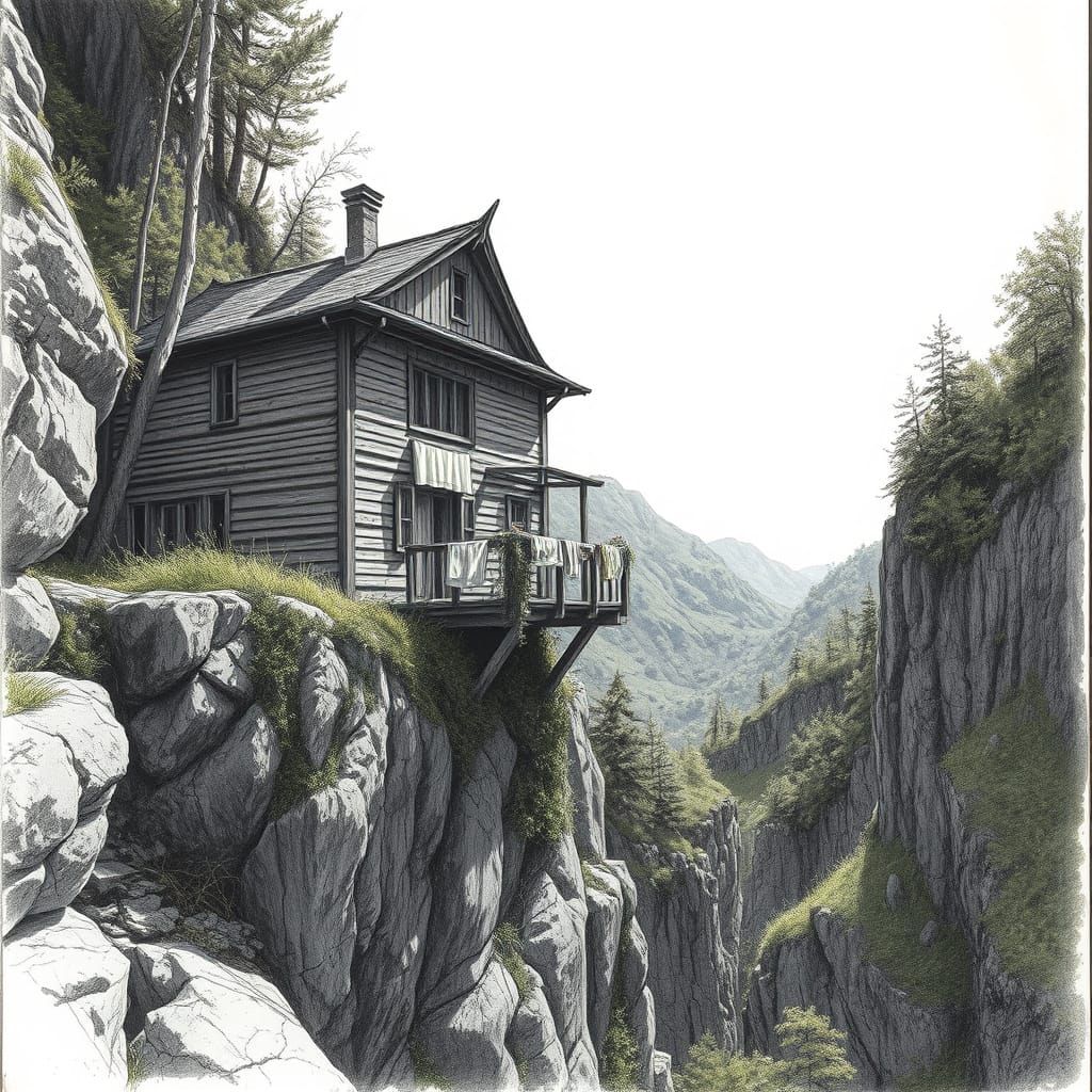 Weathered Cliff House: Hyperrealistic Charcoal Drawing