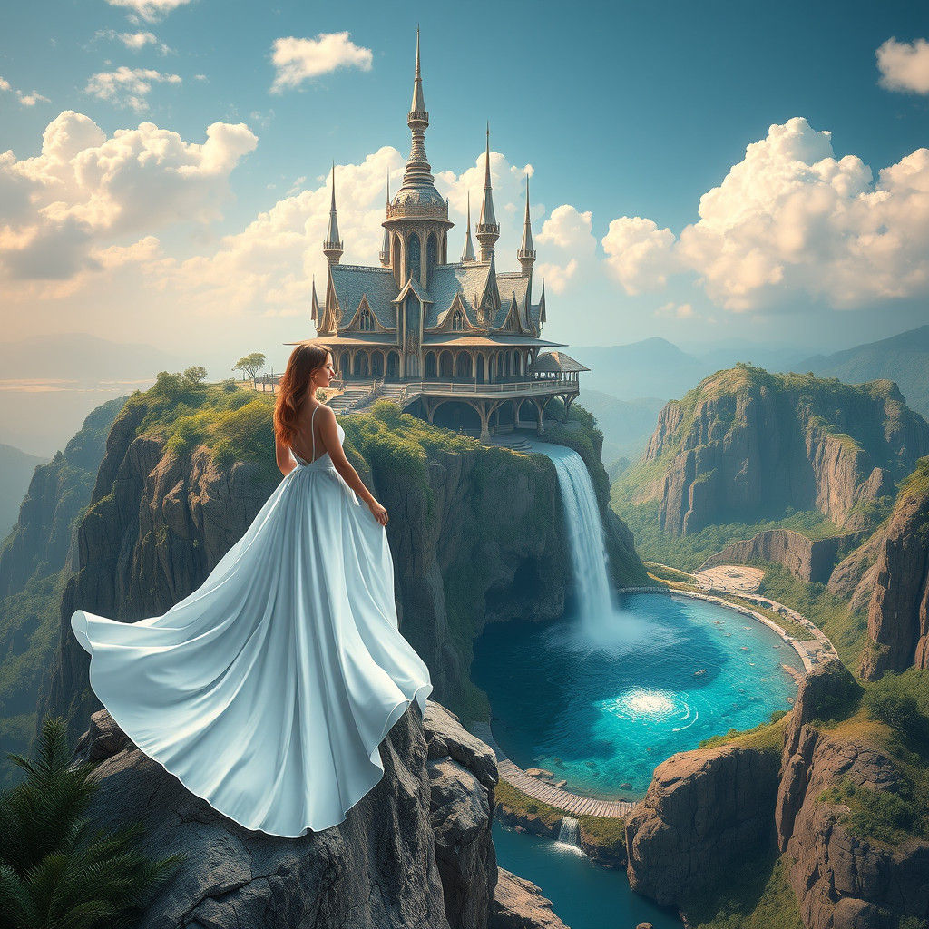 Cliffside House with Waterfall, Futuristic Concept Art