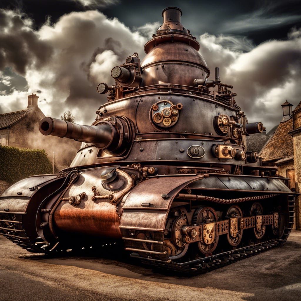 Steampunk Tank in French Village, Hyperrealistic HDR