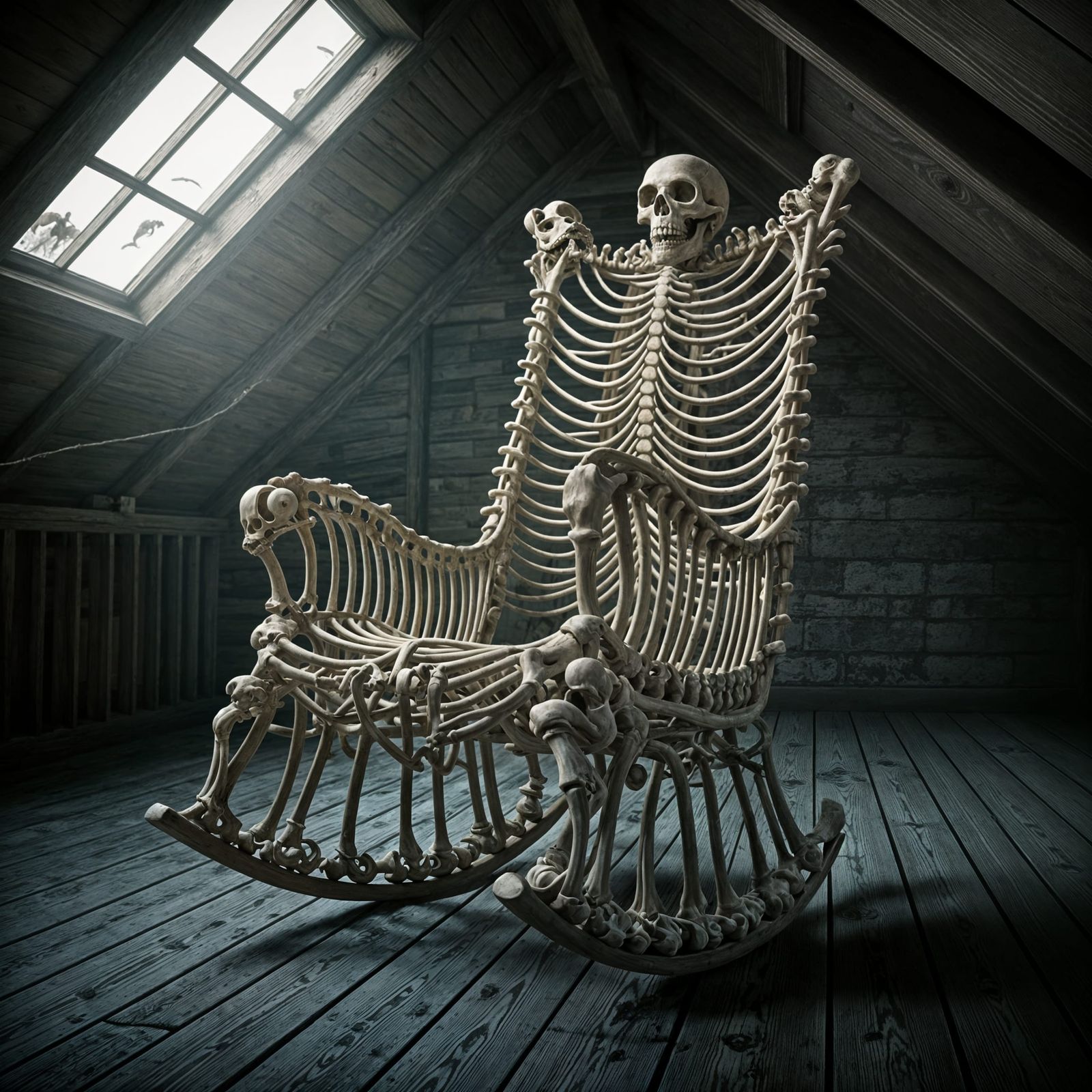 Grotesque Bone Chair in Abandoned Attic
