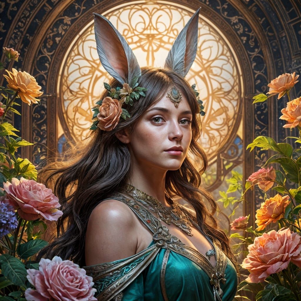 Ethereal Rabbit in Vibrant Floral Meadow