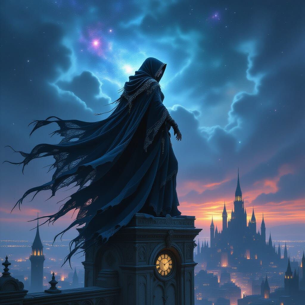 Sorceress on Gothic Tower in Cosmic Wind