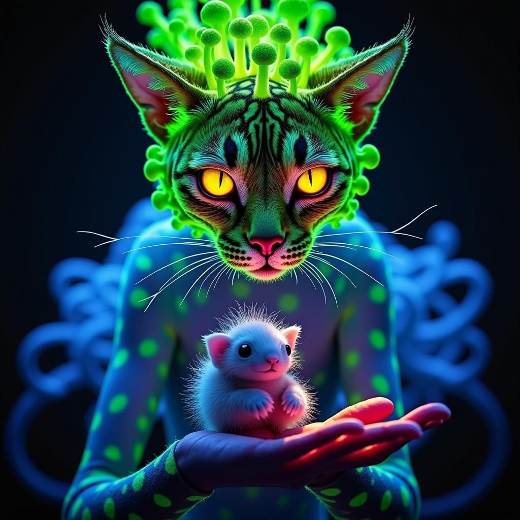 Bioluminescent Alien Cat with Small Critter
