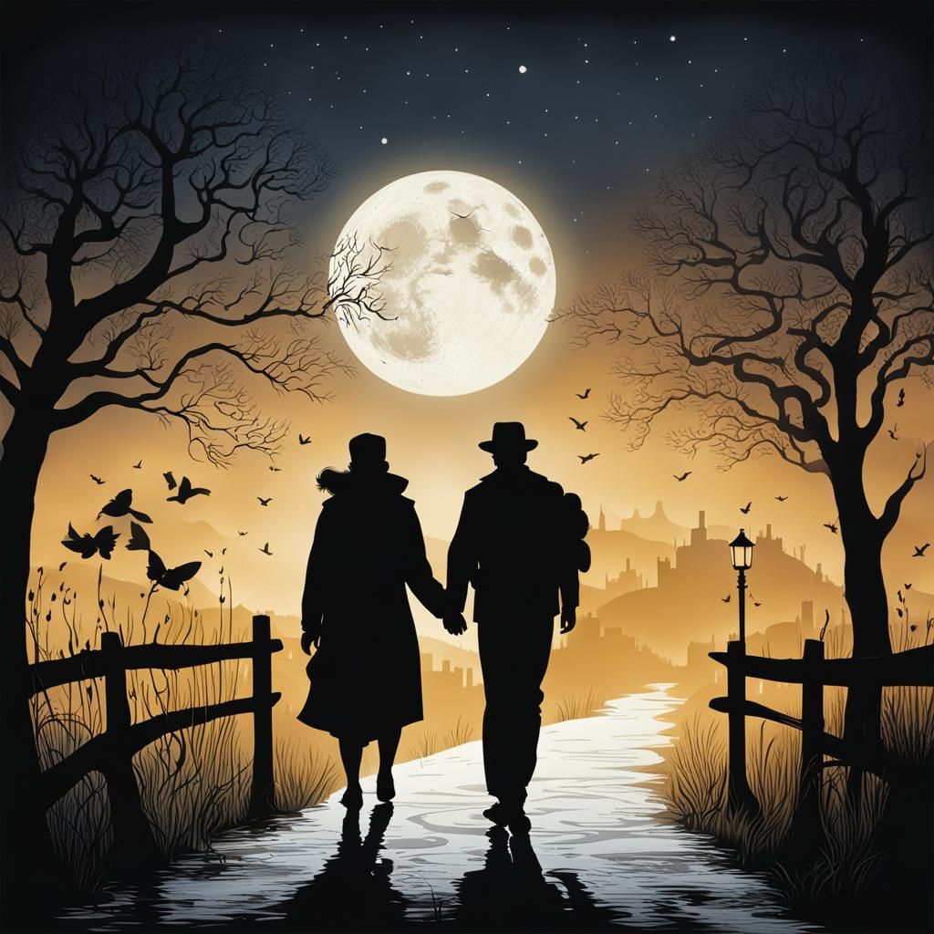 Silhouette of Couple Walking Under Moonlight