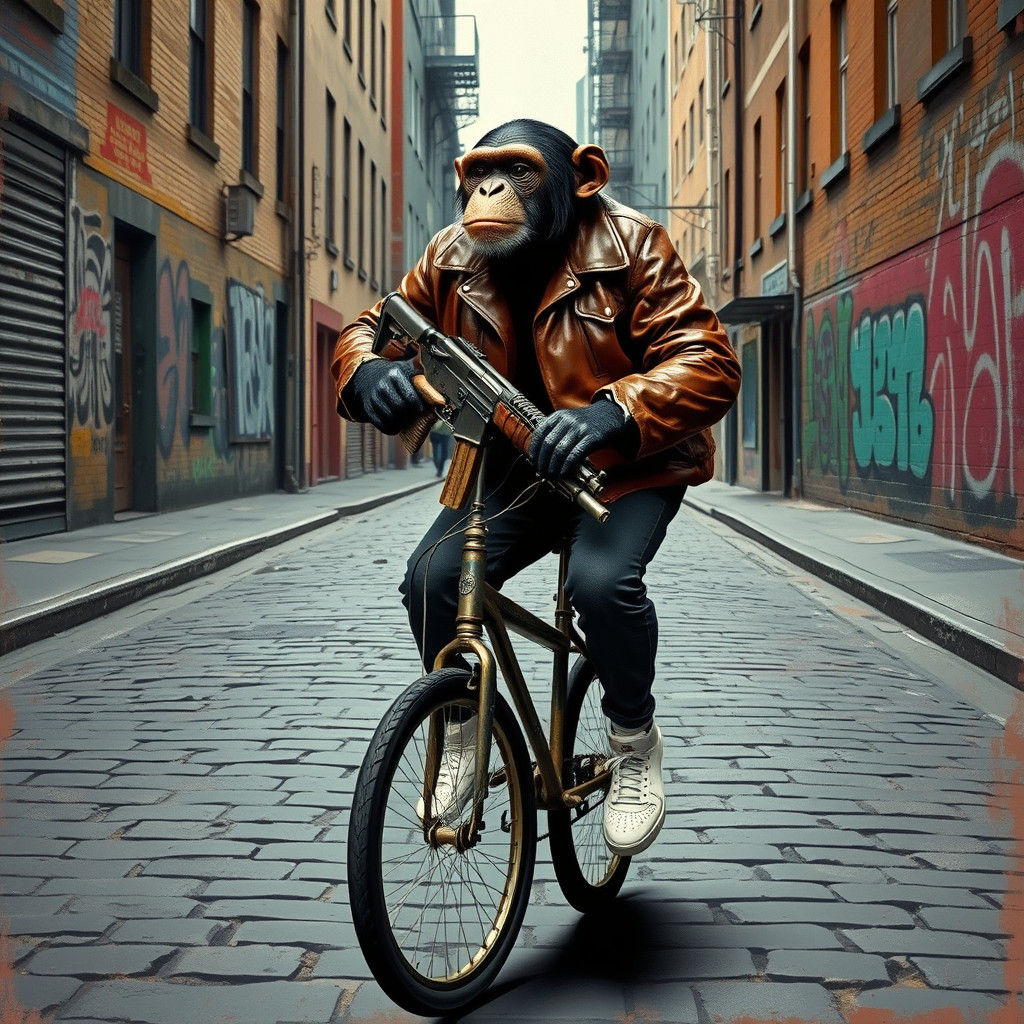 Chimpanzee Unicyclist with AK-47, in Urban Art Style