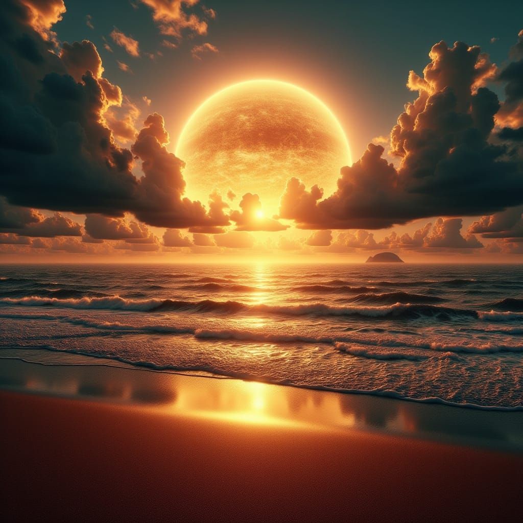 Surreal Sunset Seascape with Luminous Planet